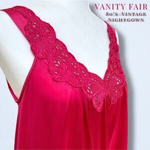 VTG Vanity Fair 80s Hot-Pink Nightgown Fairycore Butterfly Lace Long Slip Gown S